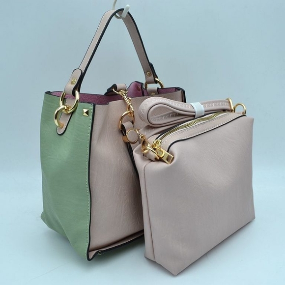 None Handbags - Chic Green and Cream Tote Bag Set